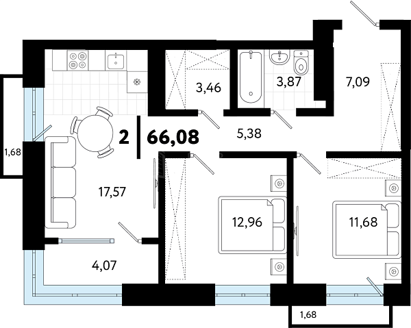 2-к квартира в новостройке, 66 кв.м., ул Бирюзова, 8