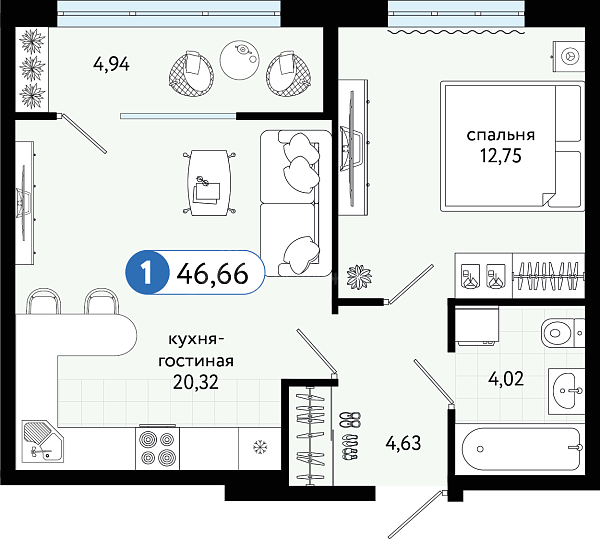 1-к квартира в новостройке, 46 кв.м., Газопромысловая улица, 1к2