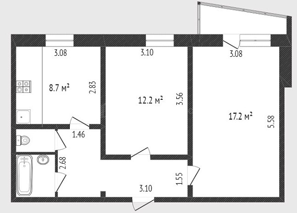 2-к квартира, 50 кв.м., улица Федюнинского, 3