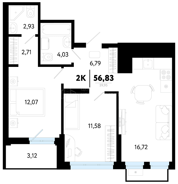 2-к квартира в новостройке, 56 кв.м., Калининский, ул Василия Малкова, 32
