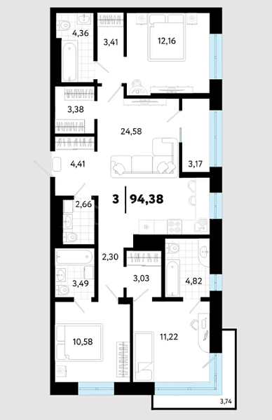 3-к квартира, 94 кв.м., Центральный, ул Малышева,  31, корпус 1