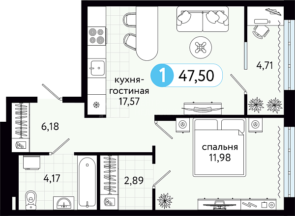 1-к квартира в новостройке, 47 кв.м., ул С. Джанбровского, 21