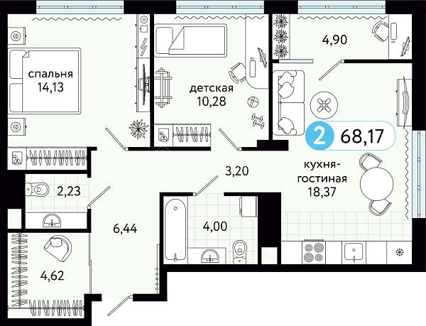 2-к квартира в новостройке, 68 кв.м., ул С. Джанбровского, 21