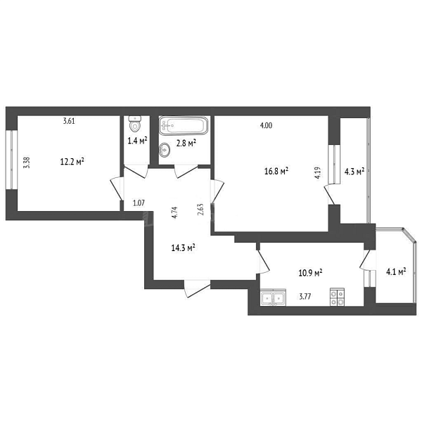 2-к квартира, 58 кв.м., улица Василия Гольцова, 2