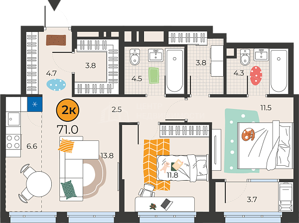 2-к квартира в новостройке, 71 кв.м., Тюмень
