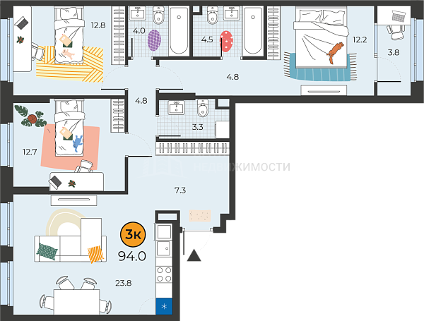 3-к квартира в новостройке, 94 кв.м., Тюмень