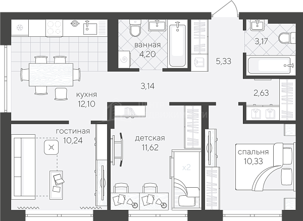 3-к квартира в новостройке, 62 кв.м., Сергея Свиридова, 15