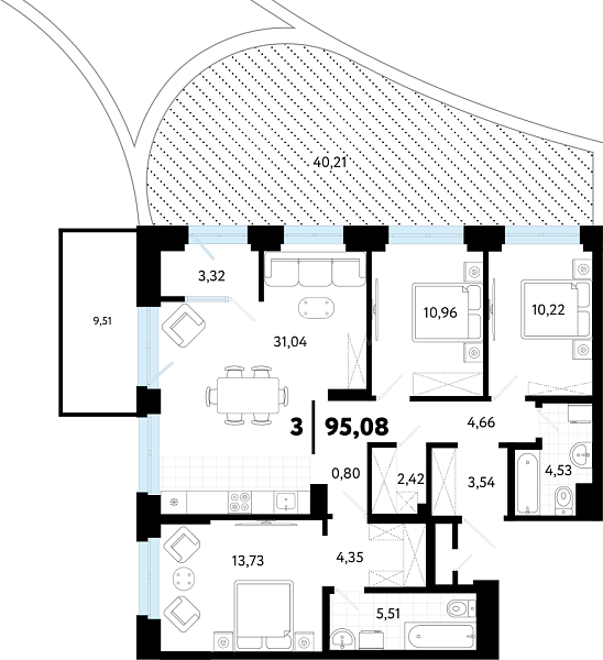 3-к квартира в новостройке, 95 кв.м., ул Бирюзова, 8