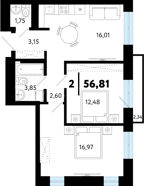 2-к квартира в новостройке, 56 кв.м., ул Бирюзова, 8