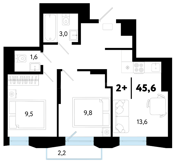 2-к квартира в новостройке, 45 кв.м., Ленинский, ул Судостроителей, 54