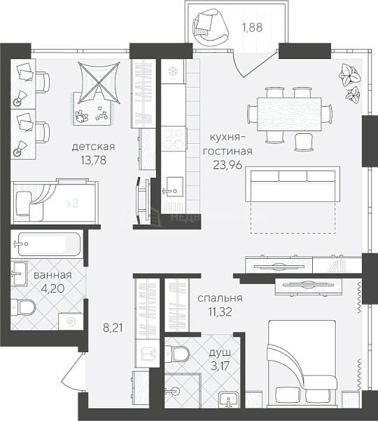 2-к квартира в новостройке, 66 кв.м., Сергея Свиридова, 15