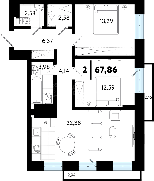 2-к квартира в новостройке, 67 кв.м., ул Бирюзова, 8