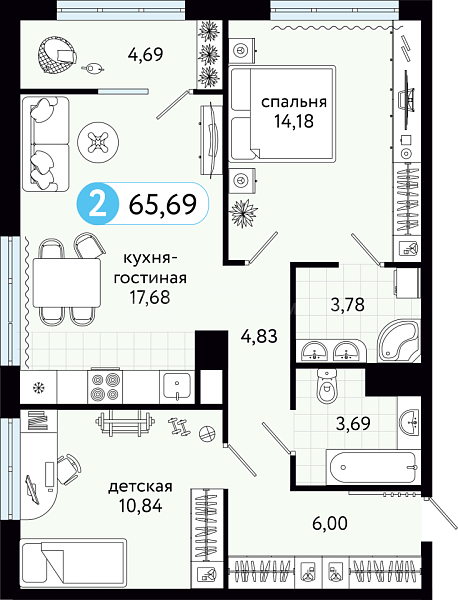 2-к квартира в новостройке, 65 кв.м., ул С. Джанбровского, 21