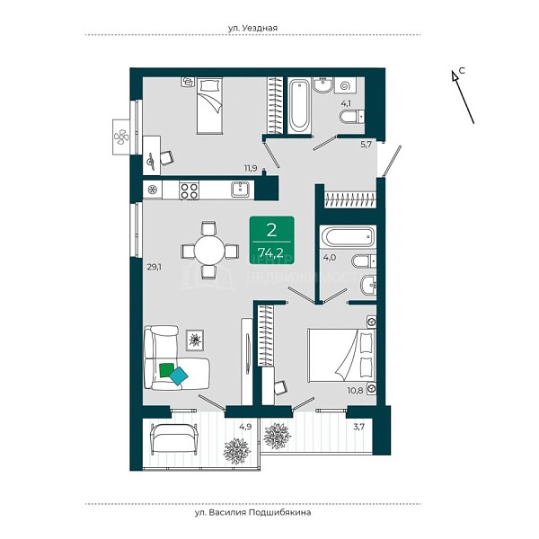 2-к квартира в новостройке, 74 кв.м., Калининский район, г. Тюмень,  ​ул. Андрея Бушуева, 1/1