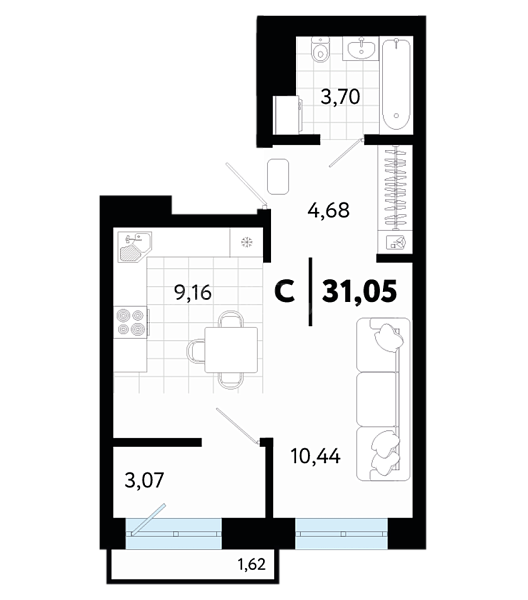 1-к квартира в новостройке, 31 кв.м., ул Малышева,  31, корпус 1