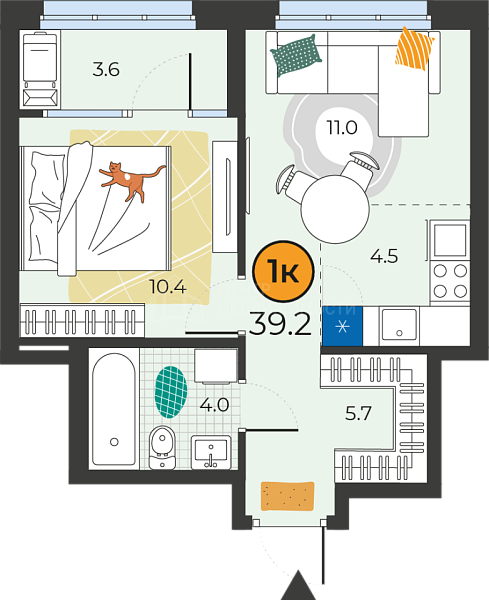 1-к квартира в новостройке, 39 кв.м., Тюмень