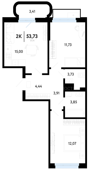 2-к квартира в новостройке, 53 кв.м., Калининский, ул Василия Малкова, 32