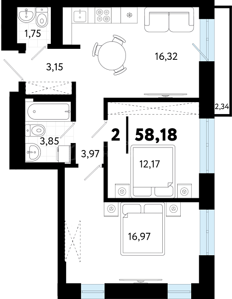 2-к квартира в новостройке, 58 кв.м., ул Бирюзова, 8