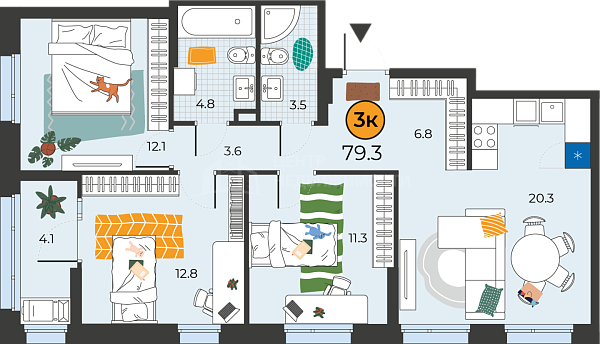 3-к квартира в новостройке, 79 кв.м., Тюмень