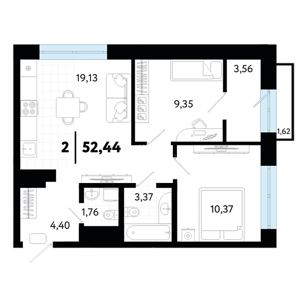 2-к квартира в новостройке, 52 кв.м., ул Малышева,  31, корпус 1