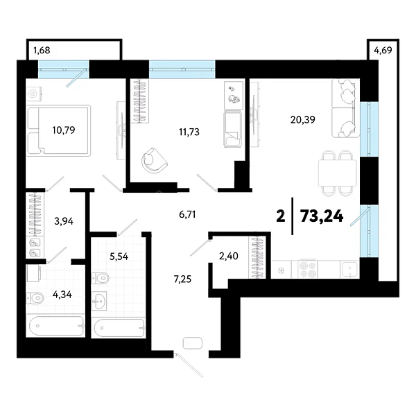 2-к квартира в новостройке, 73 кв.м., ул Малышева,  31, корпус 1