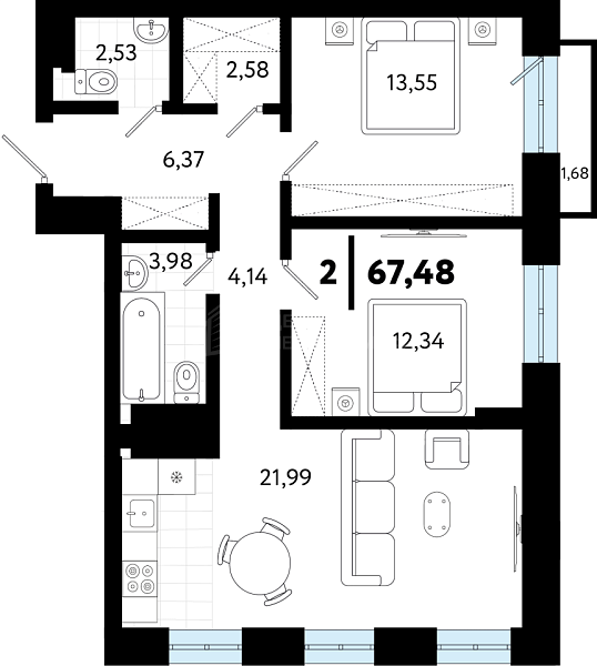 2-к квартира в новостройке, 67 кв.м., ул Бирюзова, 8