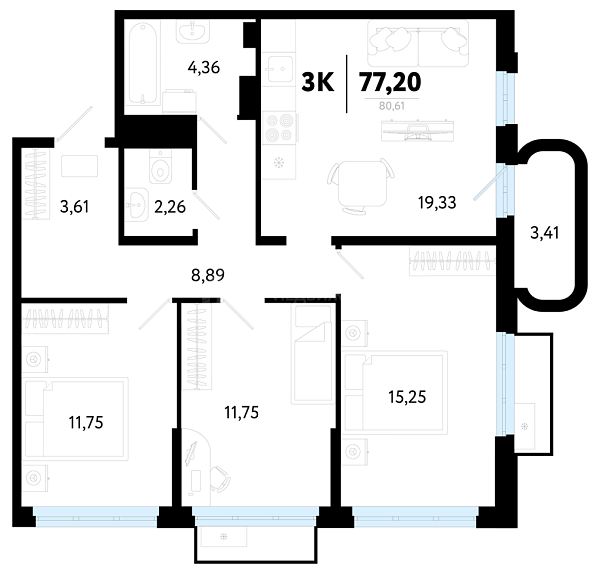 3-к квартира в новостройке, 77 кв.м., Калининский, ул Василия Малкова, 32