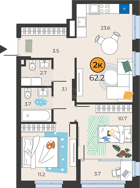 2-к квартира в новостройке, 61 кв.м., Тюмень