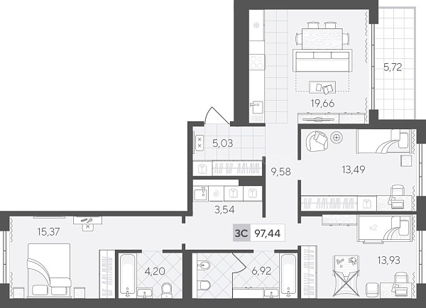 3-к квартира в новостройке, 97 кв.м., Сергея Свиридова, 11