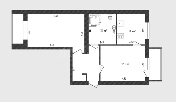 2-к квартира, 58 кв.м., улица Седова, 15 2-к квартира, 58 кв.м., улица Седова, 15