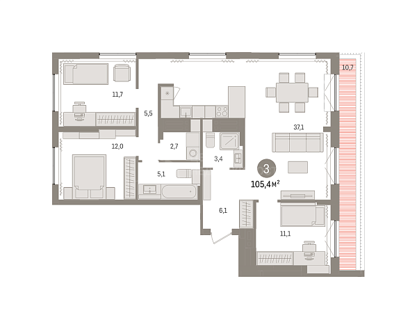 3-к квартира в новостройке, 105 кв.м., Калининский, ул. Тимирязева, д. 8 к1