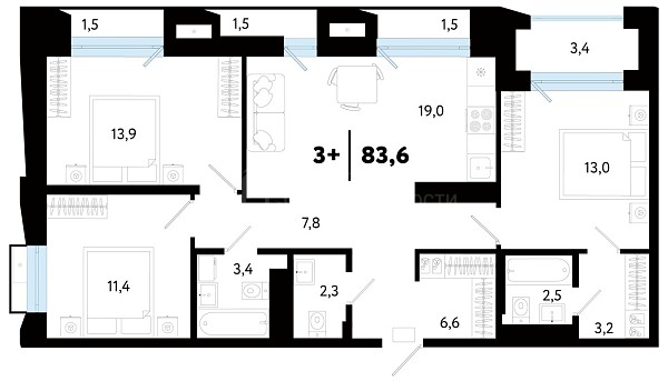 3-к квартира в новостройке, 83 кв.м., Ленинский, ул Судостроителей, 50