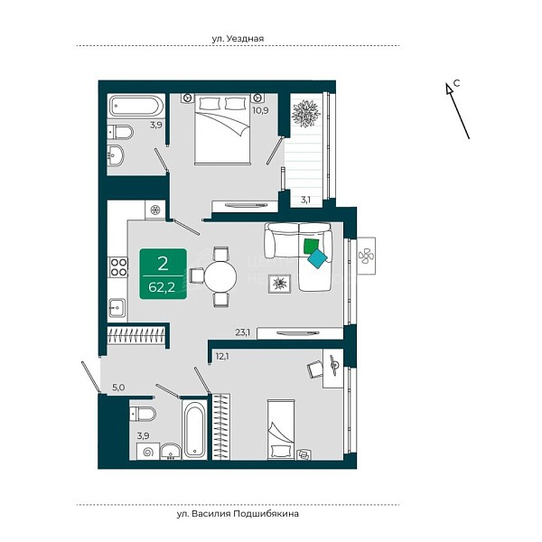 2-к квартира в новостройке, 62 кв.м., Калининский район, г. Тюмень,  улица Василия Подшибякина, д. 9