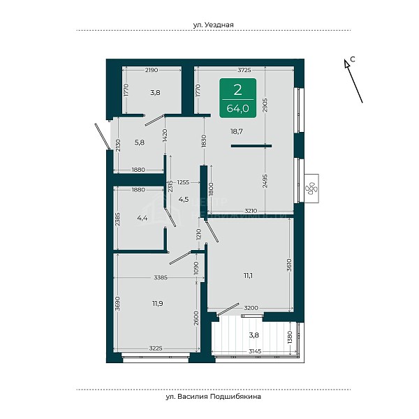 2-к квартира в новостройке, 64 кв.м.