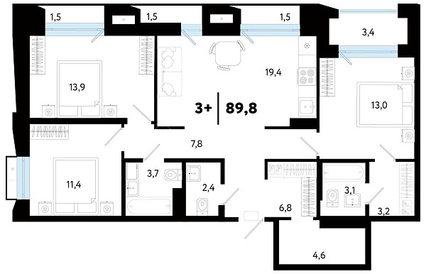 3-к квартира в новостройке, 89 кв.м., ул Судостроителей, 52