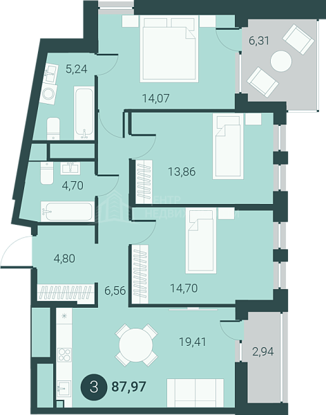 3-к квартира в новостройке, 92 кв.м., город Тюмень, Тюменская область