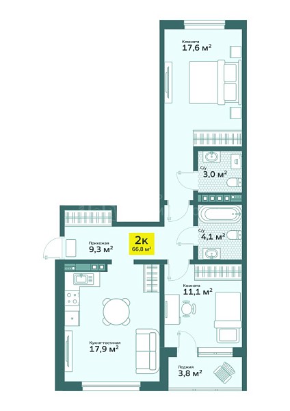 2-к квартира в новостройке, 66 кв.м., tyumen