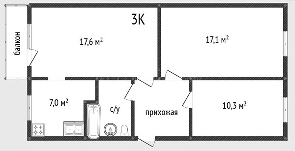 3-к квартира, 61 кв.м., улица 50 лет Октября, 64