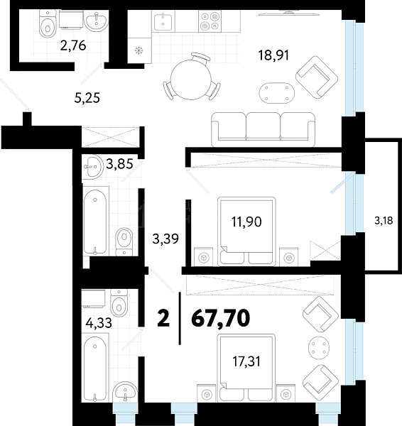 2-к квартира в новостройке, 67 кв.м., ул Бирюзова, 8