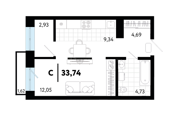 1-к квартира в новостройке, 33 кв.м., ул Малышева,  31, корпус 1