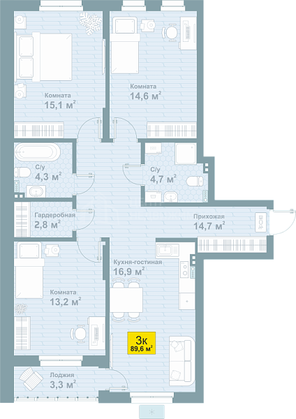 3-к квартира в новостройке, 89 кв.м., tyumen