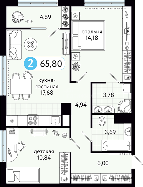 2-к квартира в новостройке, 65 кв.м., ул С. Джанбровского, 21