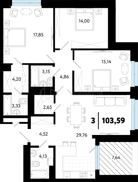 3-к квартира в новостройке, 103 кв.м., ул Бирюзова, 8