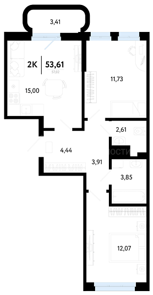 2-к квартира в новостройке, 53 кв.м., Калининский, ул Василия Малкова, 32