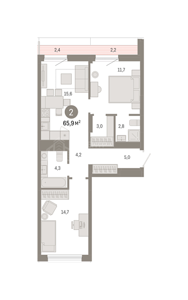 2-к квартира в новостройке, 65 кв.м., Ленинский, ​ул. Республики, 205 стр