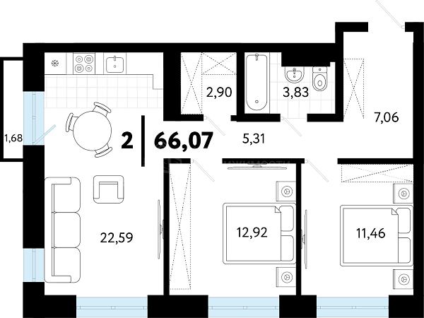 2-к квартира в новостройке, 66 кв.м., ул Малышева, 8