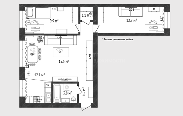 2-к квартира, 56 кв.м., улица Мельникайте, 97