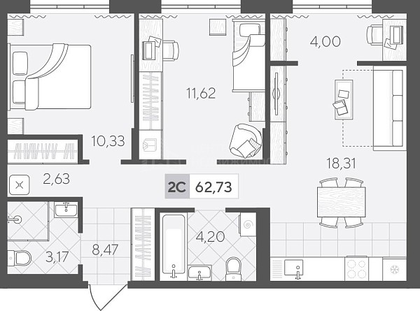 2-к квартира в новостройке, 62 кв.м., Сергея Свиридова,  11, к2