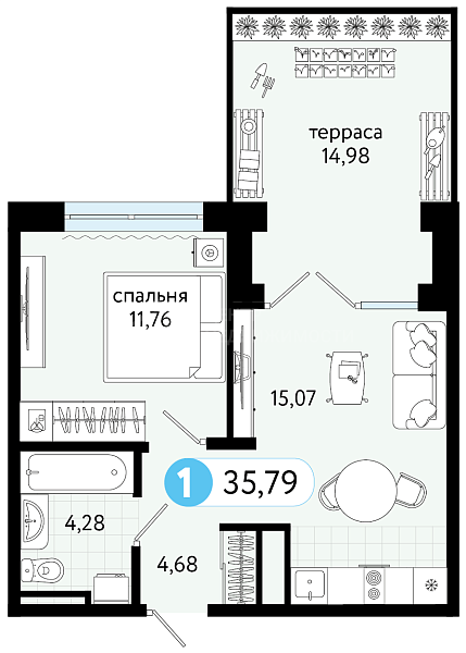 1-к квартира в новостройке, 35 кв.м., ул С. Джанбровского, 21