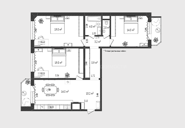 3-к квартира, 92 кв.м., улица Валентины Трофимовой, 13 3-к квартира, 92 кв.м., улица Валентины Трофимовой, 13
